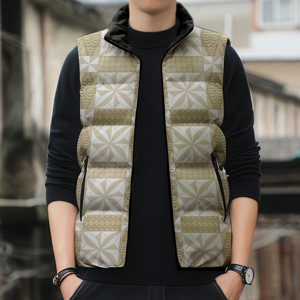 Beige Ngatu Pattern Malo e Lelei Tonga Sleeveless Puffer Jacket LT14 - Polynesian Pride