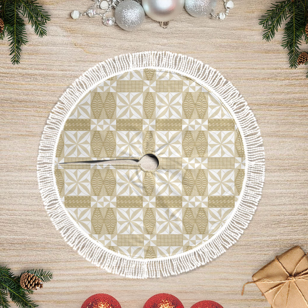 Beige Ngatu Pattern Malo e Lelei Tonga Tree Skirt LT14 Fringed Beige - Polynesian Pride