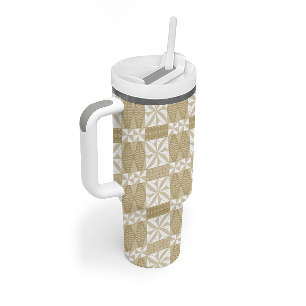 Beige Ngatu Pattern Malo e Lelei Tonga Tumbler With Handle LT14 - Polynesian Pride