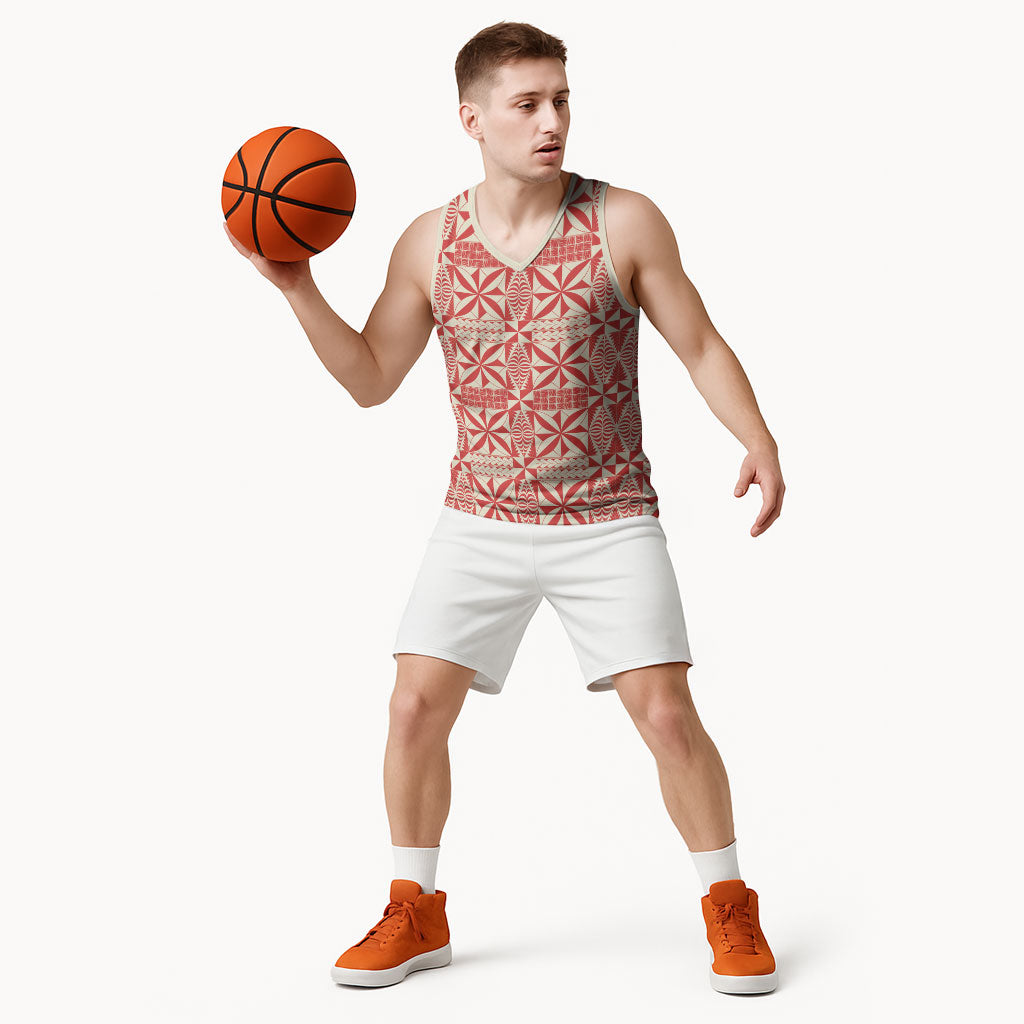 Red Ngatu Pattern Malo e Lelei Tonga Basketball Jersey LT14 - Polynesian Pride