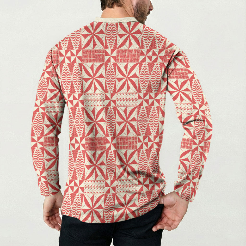 Red Ngatu Pattern Malo e Lelei Tonga Button Sweatshirt LT14 - Polynesian Pride