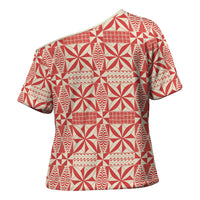 Red Ngatu Pattern Malo e Lelei Tonga Cross Shoulder Shirt LT14 - Polynesian Pride