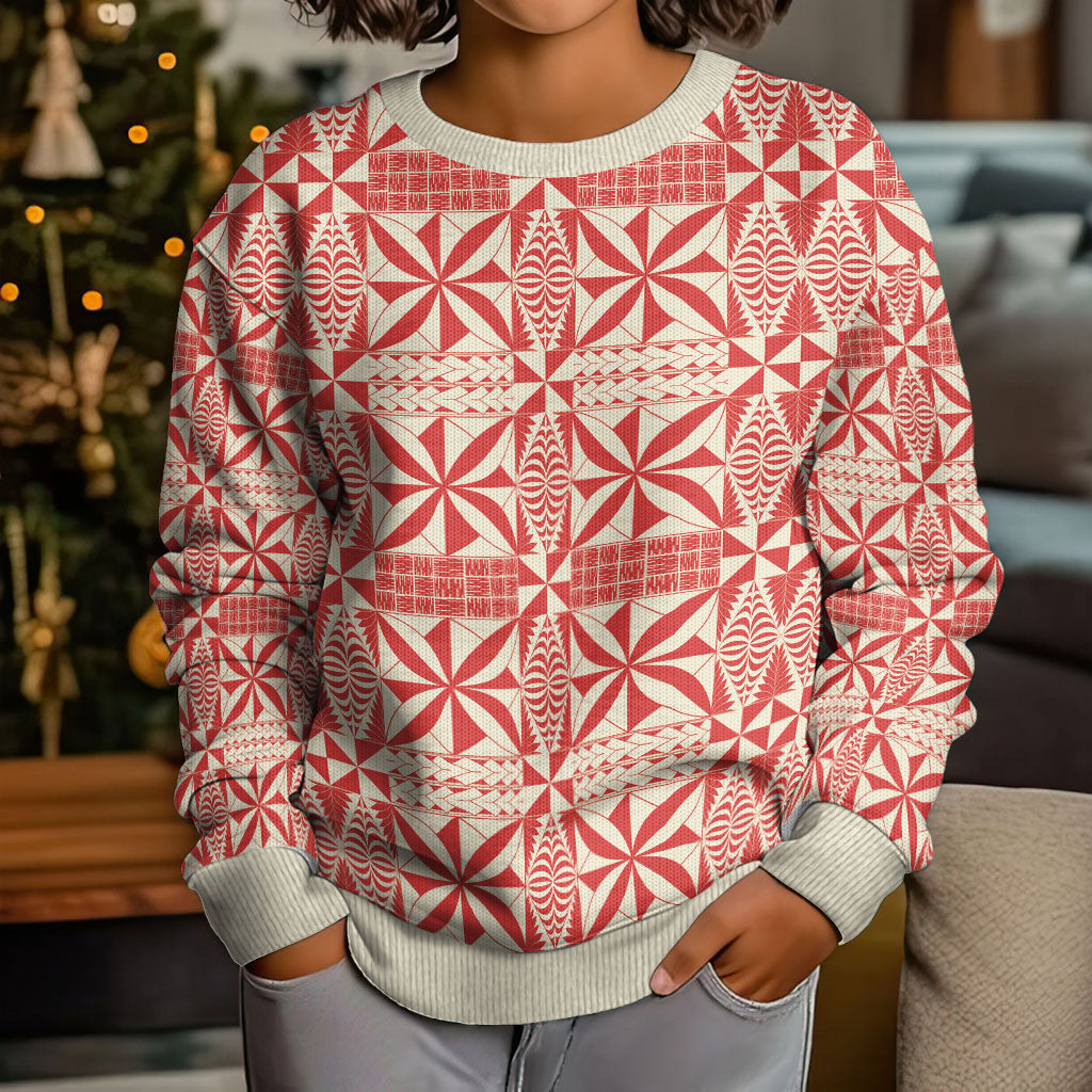 Red Ngatu Pattern Malo e Lelei Tonga Kid Ugly Christmas Sweater LT14 - Polynesian Pride