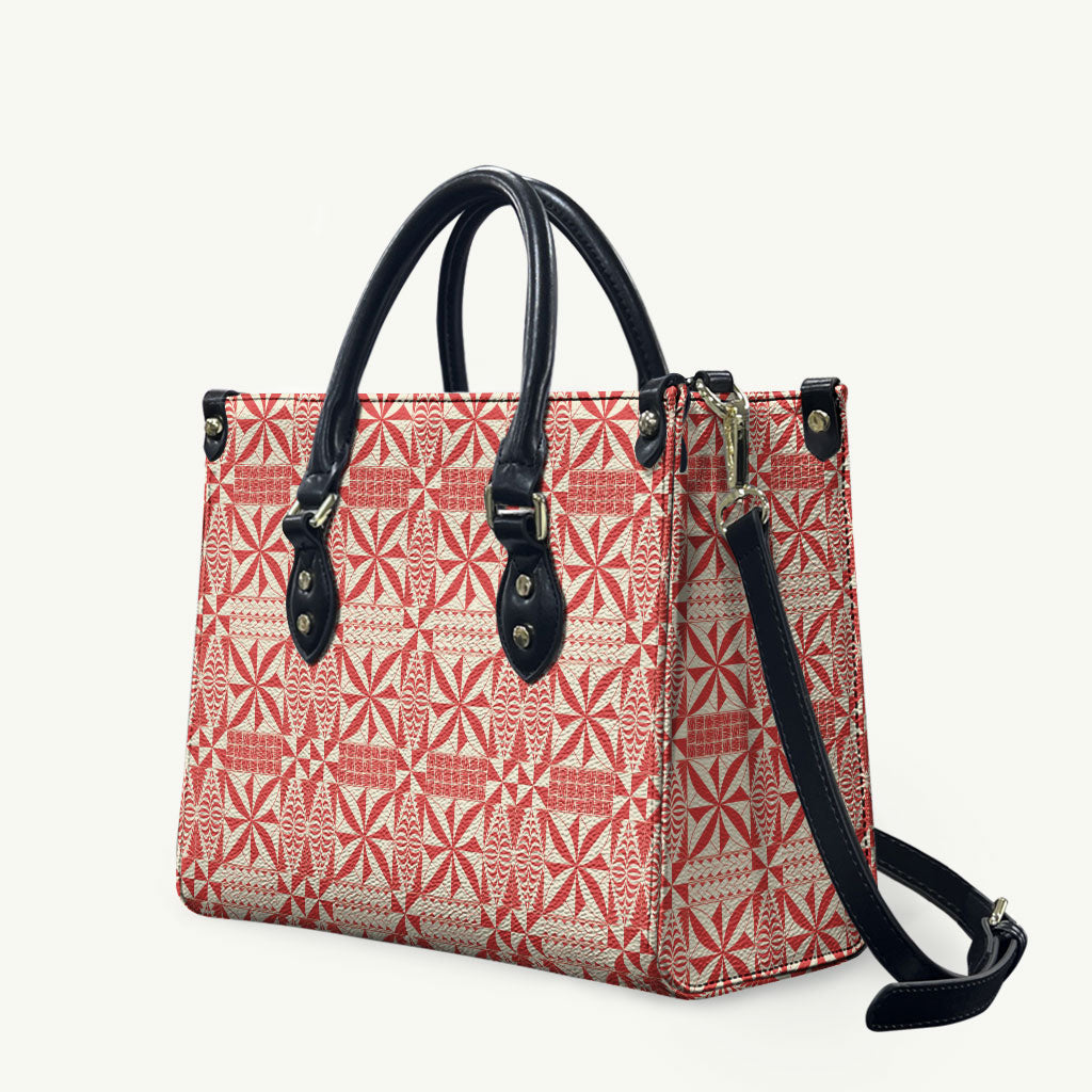 Red Ngatu Pattern Malo e Lelei Tonga Leather Bag LT14 Red - Polynesian Pride