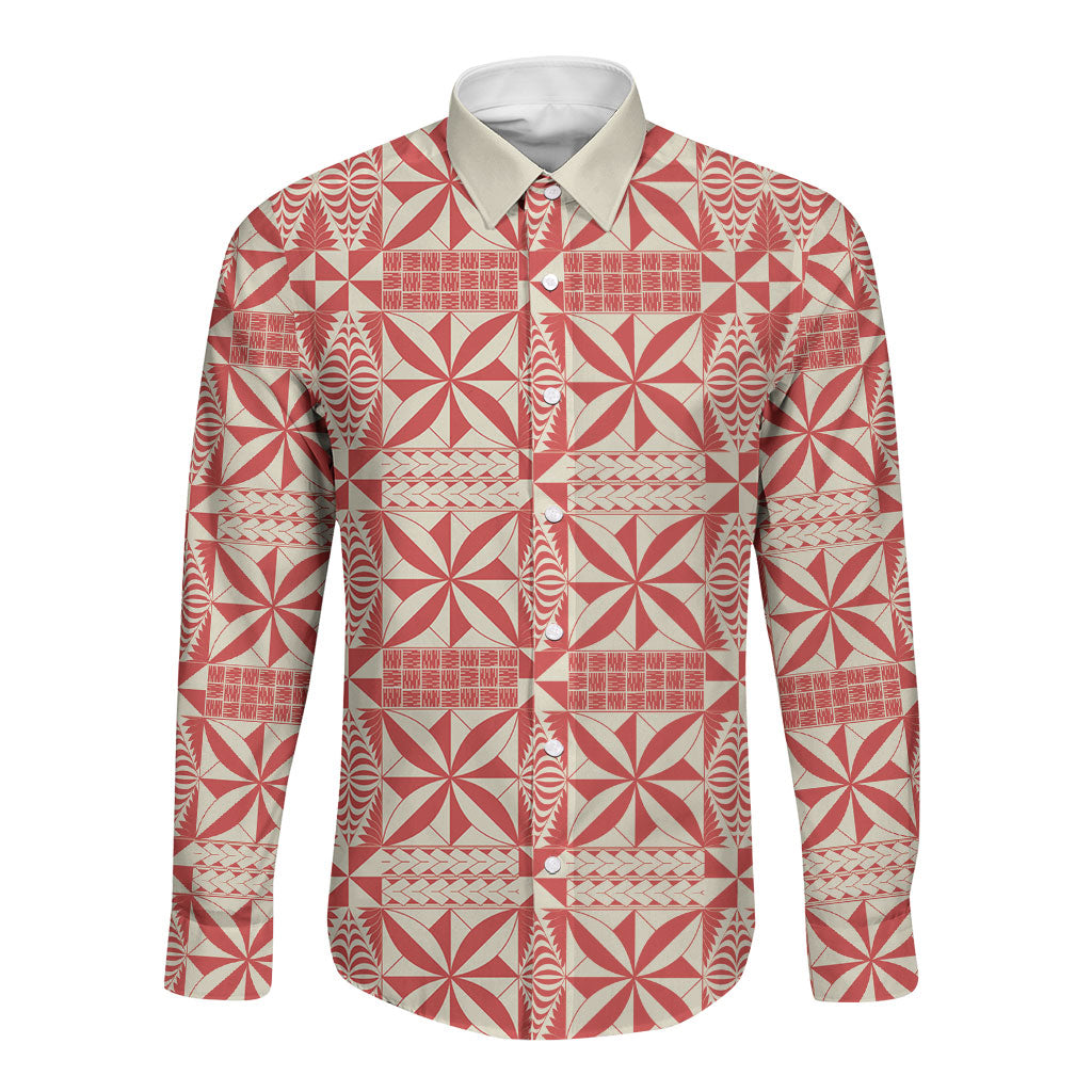 Red Ngatu Pattern Malo e Lelei Tonga Long Sleeve Button Shirt LT14 Unisex Red - Polynesian Pride