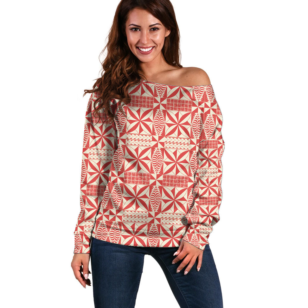 Red Ngatu Pattern Malo e Lelei Tonga Off Shoulder Sweater LT14 Women Red - Polynesian Pride