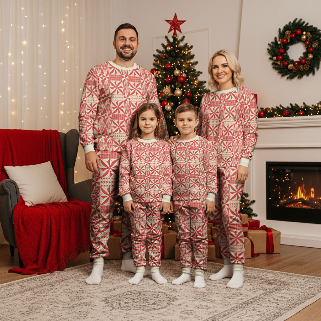 Red Ngatu Pattern Malo e Lelei Tonga Christmas Pajama Set LT14 - Polynesian Pride
