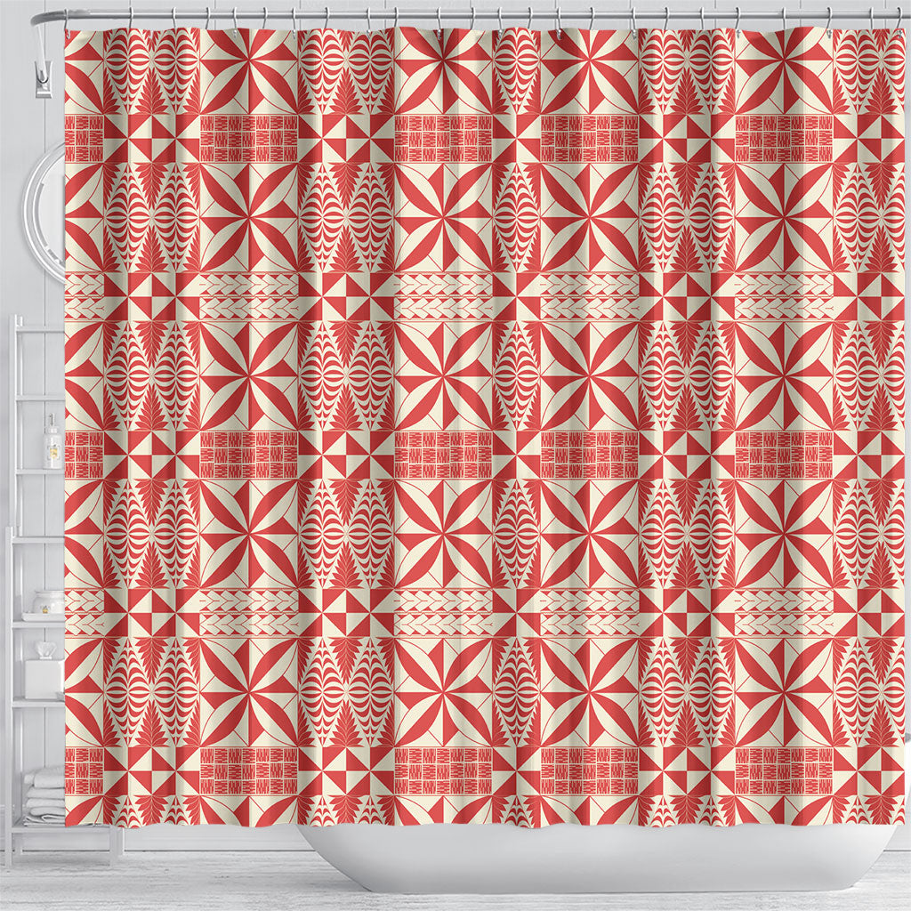 Red Ngatu Pattern Malo e Lelei Tonga Shower Curtain LT14 - Polynesian Pride