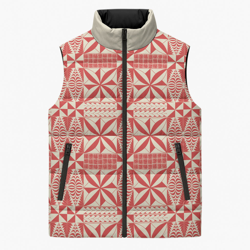 Red Ngatu Pattern Malo e Lelei Tonga Sleeveless Puffer Jacket LT14 Unisex Red - Polynesian Pride