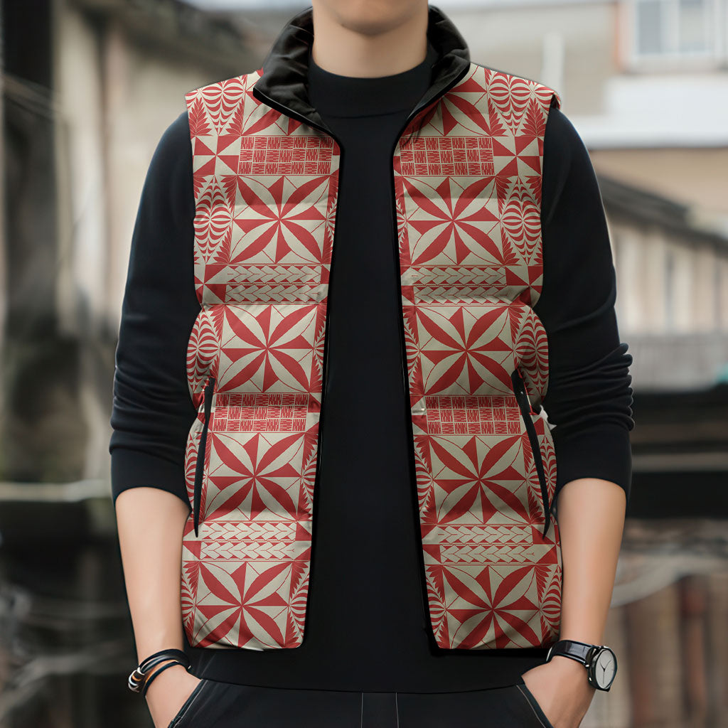 Red Ngatu Pattern Malo e Lelei Tonga Sleeveless Puffer Jacket LT14 - Polynesian Pride