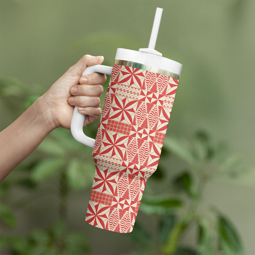 Red Ngatu Pattern Malo e Lelei Tonga Tumbler With Handle LT14 - Polynesian Pride