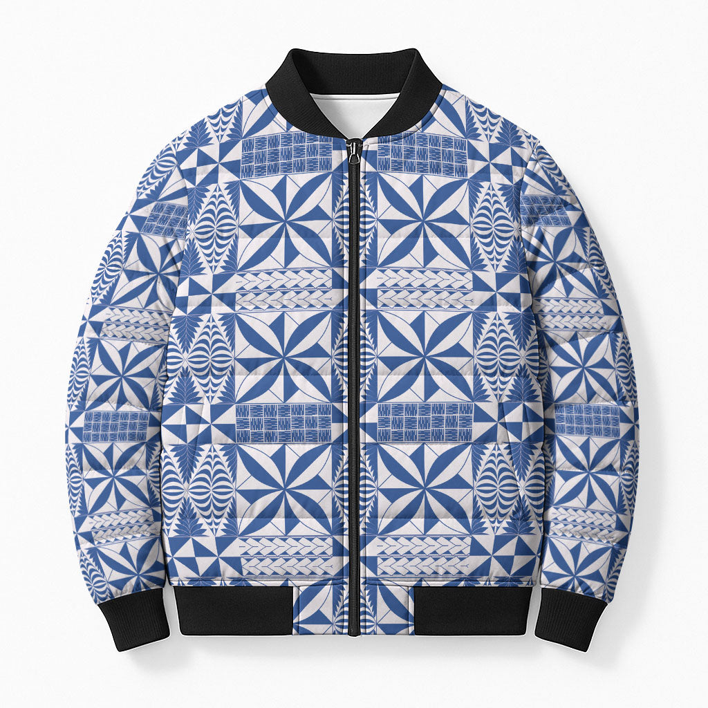 Blue Ngatu Pattern Malo e Lelei Tonga Bomber Puffer Jacket LT14 Unisex Blue - Polynesian Pride