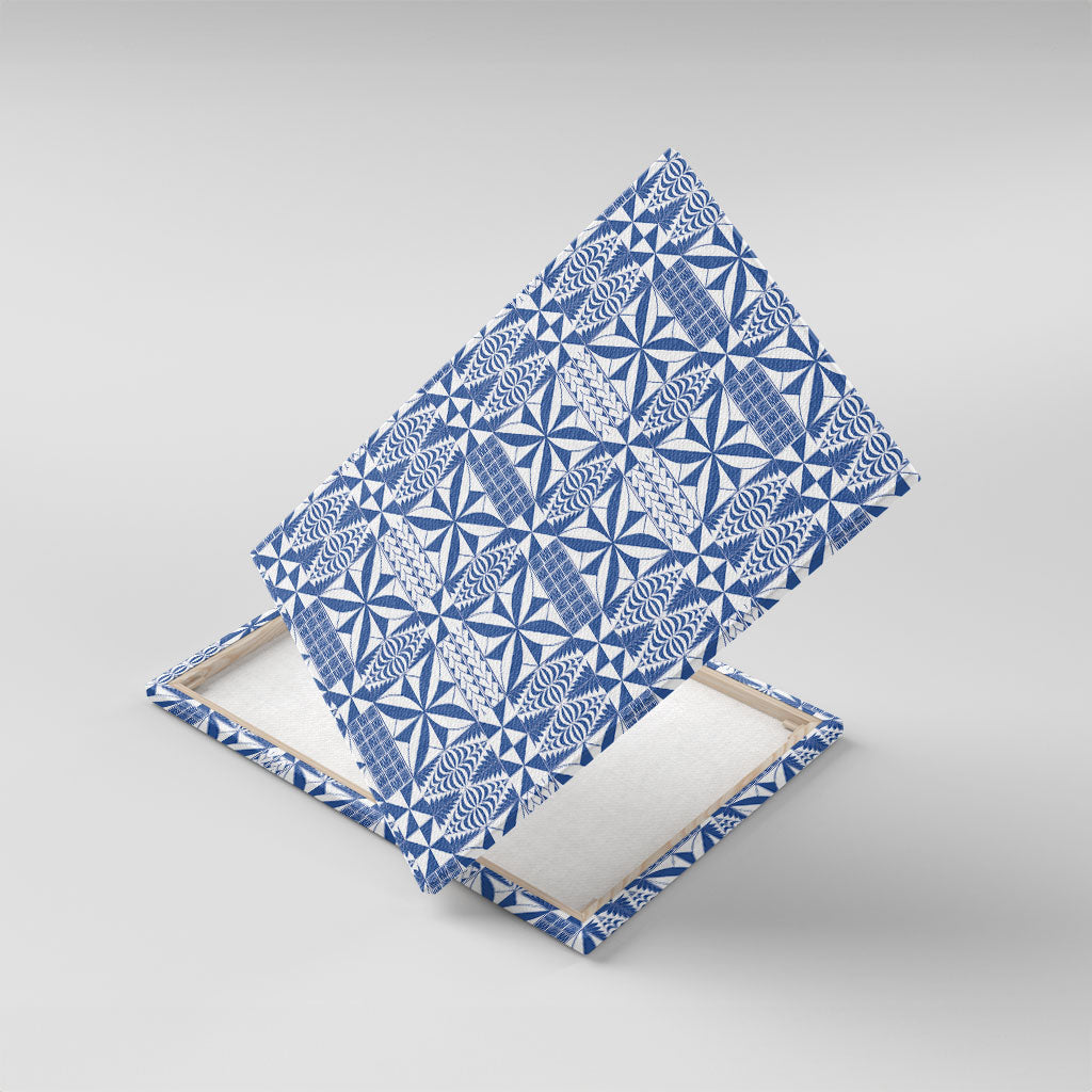 Blue Ngatu Pattern Malo e Lelei Tonga Canvas Wall Art LT14 With Frame Blue - Polynesian Pride