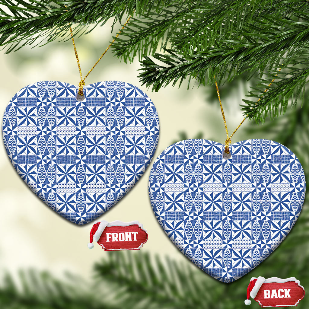 Blue Ngatu Pattern Malo e Lelei Tonga Ceramic Ornament LT14 Heart Blue - Polynesian Pride