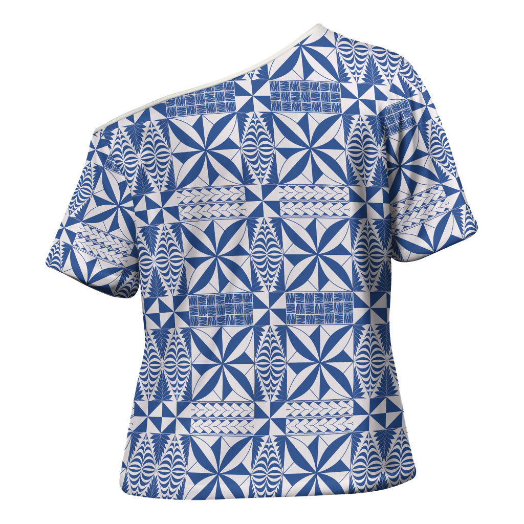 Blue Ngatu Pattern Malo e Lelei Tonga Cross Shoulder Shirt LT14 - Polynesian Pride
