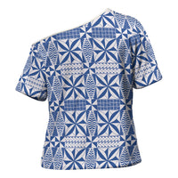 Blue Ngatu Pattern Malo e Lelei Tonga Cross Shoulder Shirt LT14 - Polynesian Pride