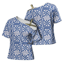 Blue Ngatu Pattern Malo e Lelei Tonga Cross Shoulder Shirt LT14 - Polynesian Pride