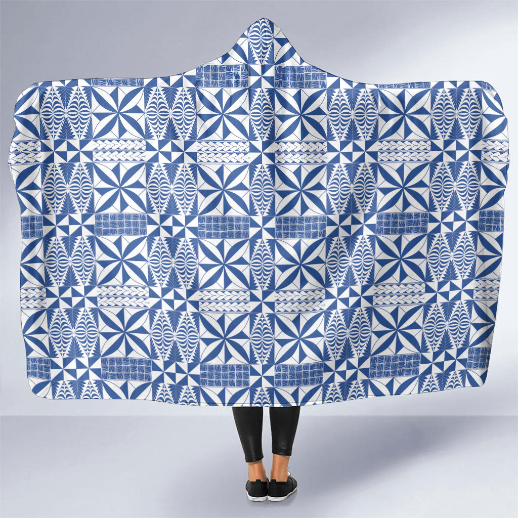 Blue Ngatu Pattern Malo e Lelei Tonga Hooded Blanket LT14 One Size Blue - Polynesian Pride