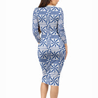 Blue Ngatu Pattern Malo e Lelei Tonga Long Sleeve Bodycon Dress LT14 - Polynesian Pride