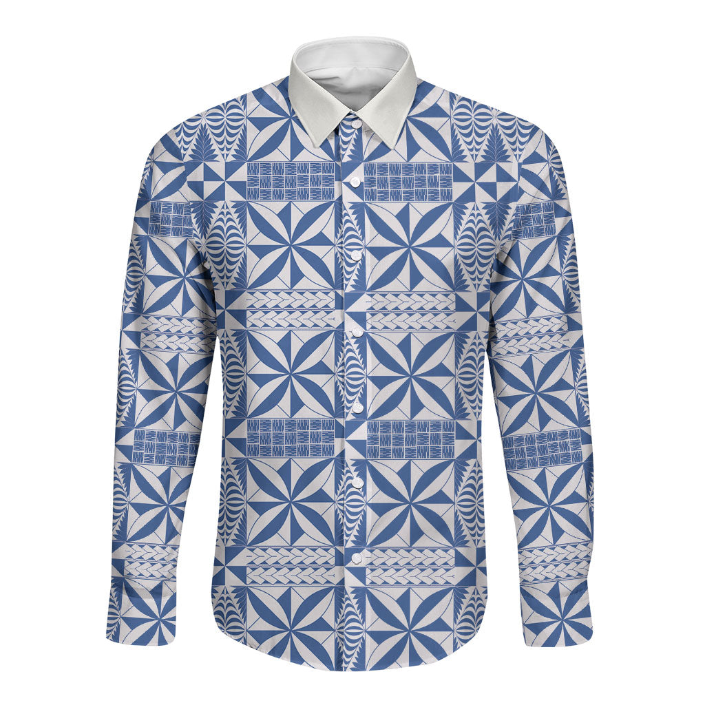 Blue Ngatu Pattern Malo e Lelei Tonga Long Sleeve Button Shirt LT14 Unisex Blue - Polynesian Pride