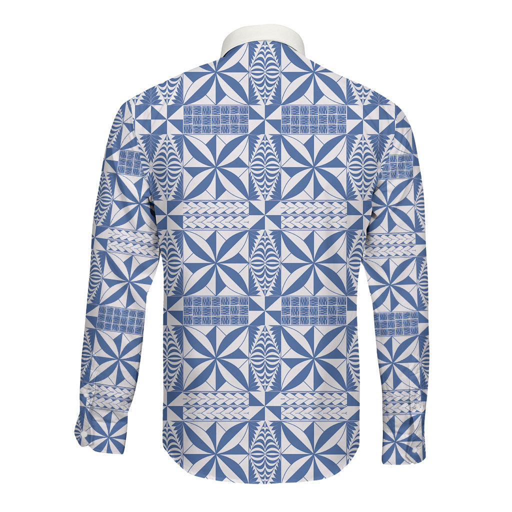 Blue Ngatu Pattern Malo e Lelei Tonga Long Sleeve Button Shirt LT14 - Polynesian Pride