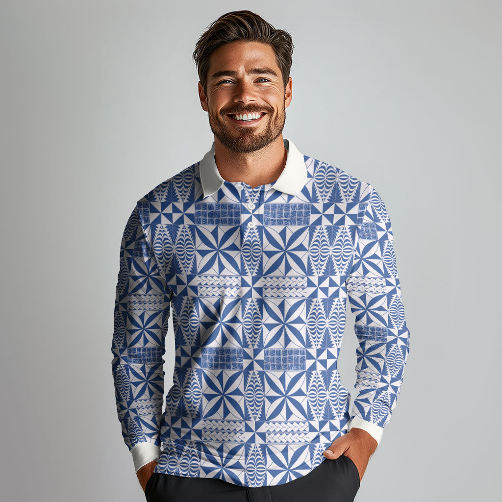 Blue Ngatu Pattern Malo e Lelei Tonga Long Sleeve Polo Shirt LT14 - Polynesian Pride