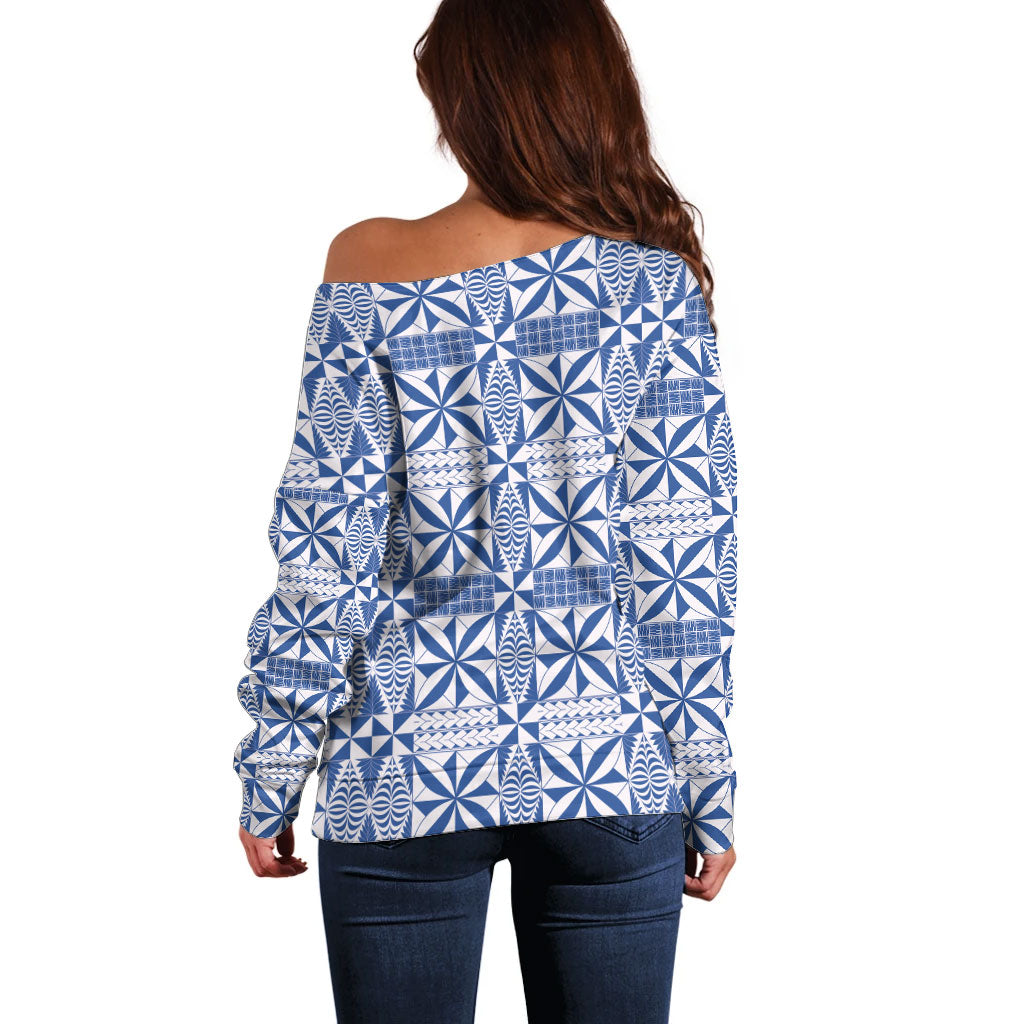 Blue Ngatu Pattern Malo e Lelei Tonga Off Shoulder Sweater LT14 - Polynesian Pride