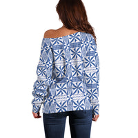 Blue Ngatu Pattern Malo e Lelei Tonga Off Shoulder Sweater LT14 - Polynesian Pride