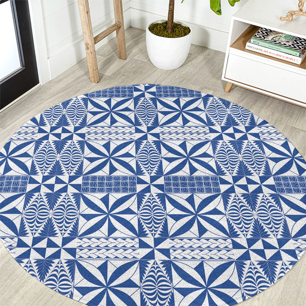 Blue Ngatu Pattern Malo e Lelei Tonga Round Carpet LT14 Blue - Polynesian Pride