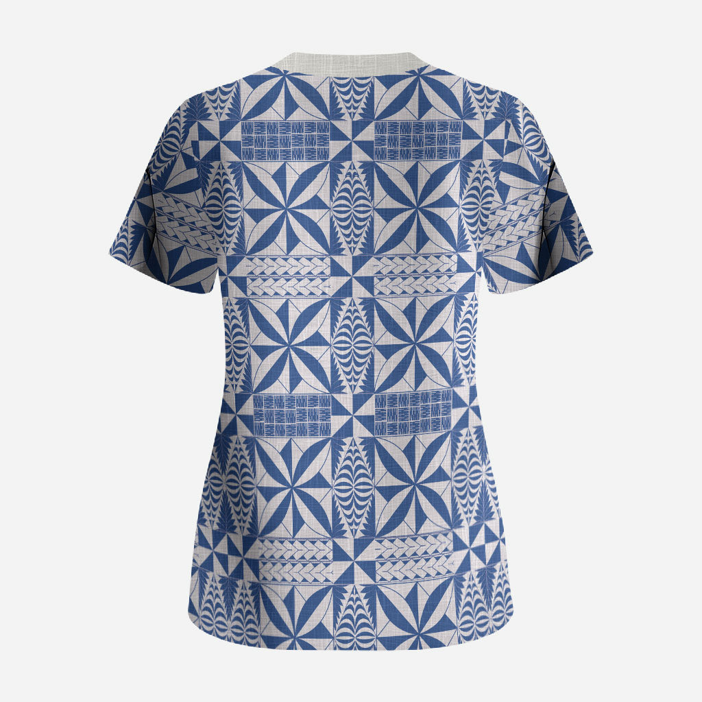 Blue Ngatu Pattern Malo e Lelei Tonga Scrub Top LT14 - Polynesian Pride