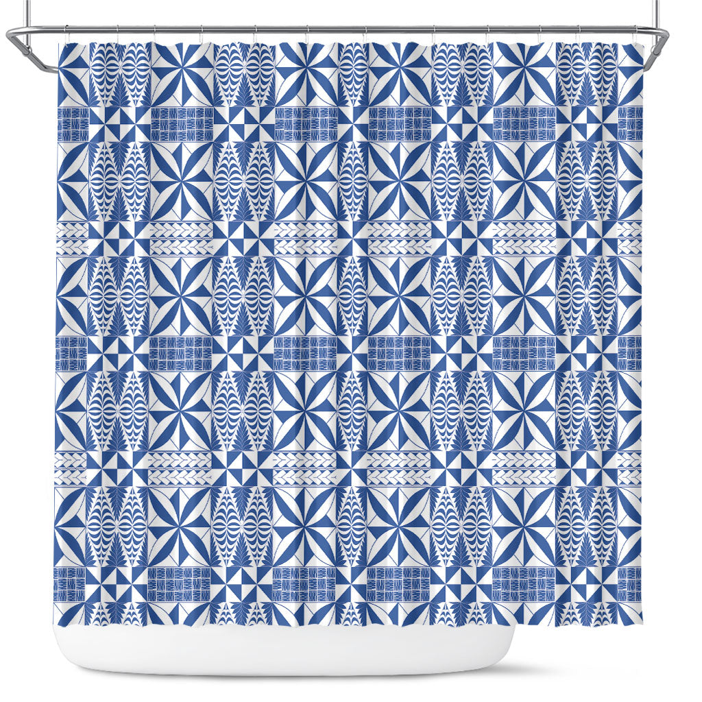 Blue Ngatu Pattern Malo e Lelei Tonga Shower Curtain LT14 Blue - Polynesian Pride