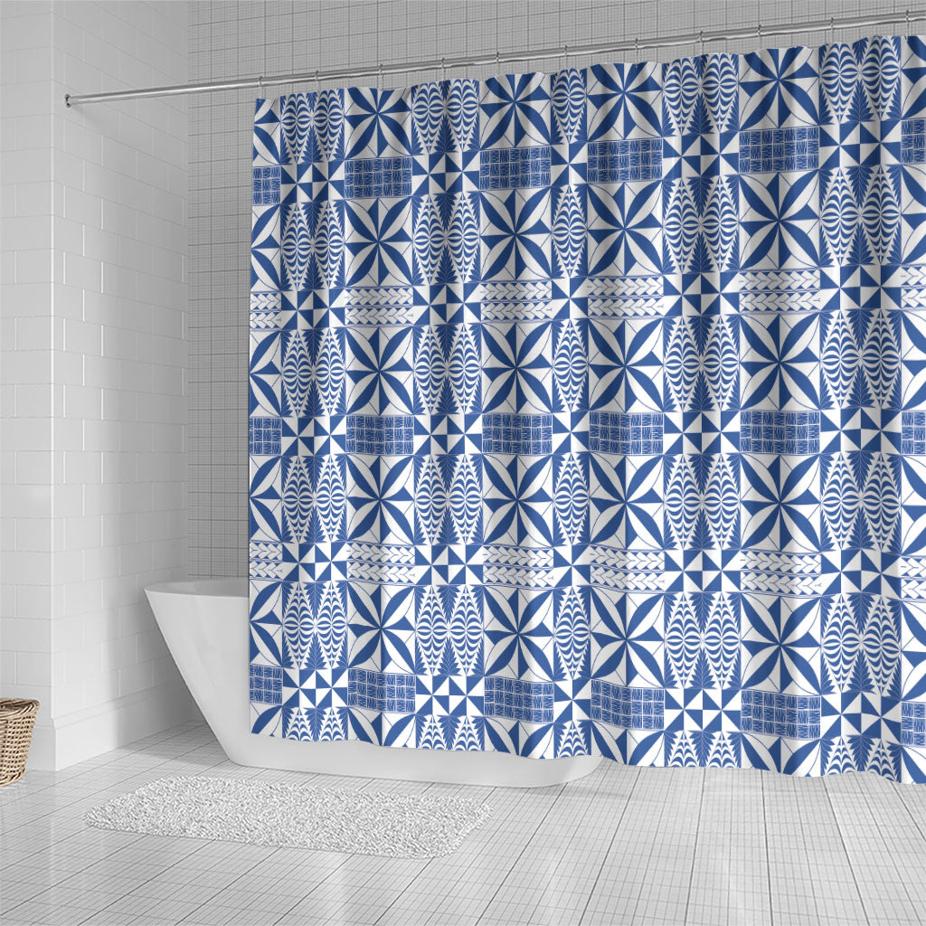Blue Ngatu Pattern Malo e Lelei Tonga Shower Curtain LT14 - Polynesian Pride