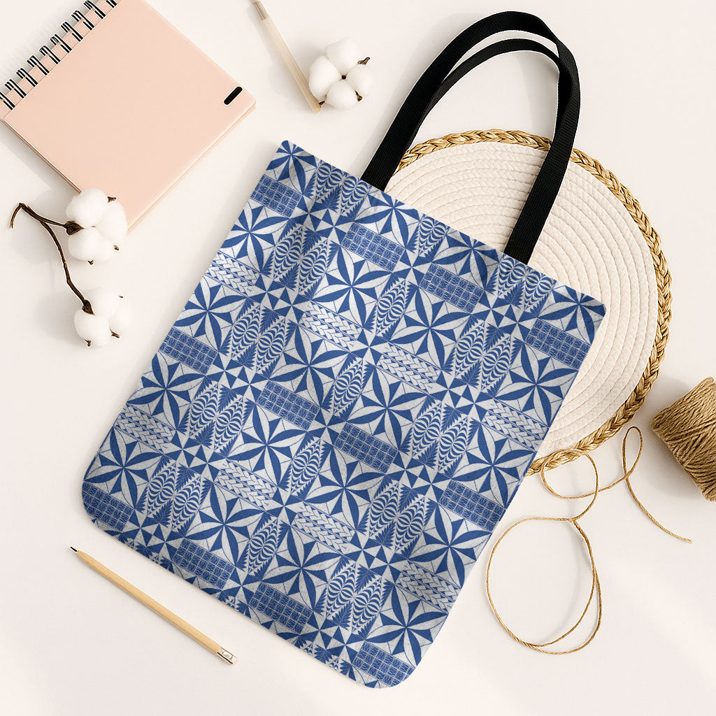 Blue Ngatu Pattern Malo e Lelei Tonga Tote Bag LT14 Black Strap One Size Blue - Polynesian Pride