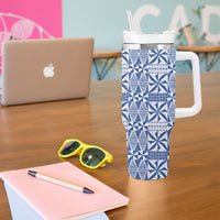 Blue Ngatu Pattern Malo e Lelei Tonga Tumbler With Handle LT14 - Polynesian Pride