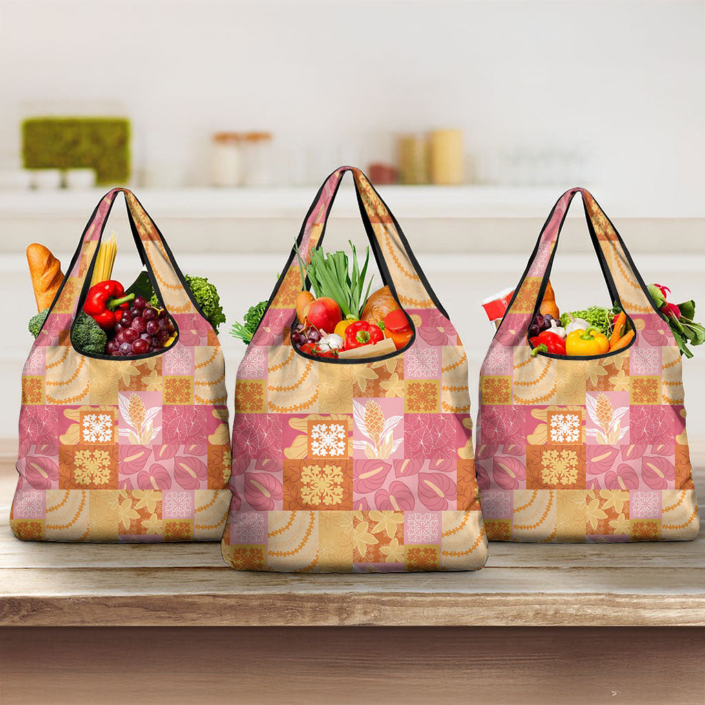 Aloha Hawaii Quilt Floral Patchwork Style Grocery Bag LT14 3-pack One Size Multicolor - Polynesian Pride
