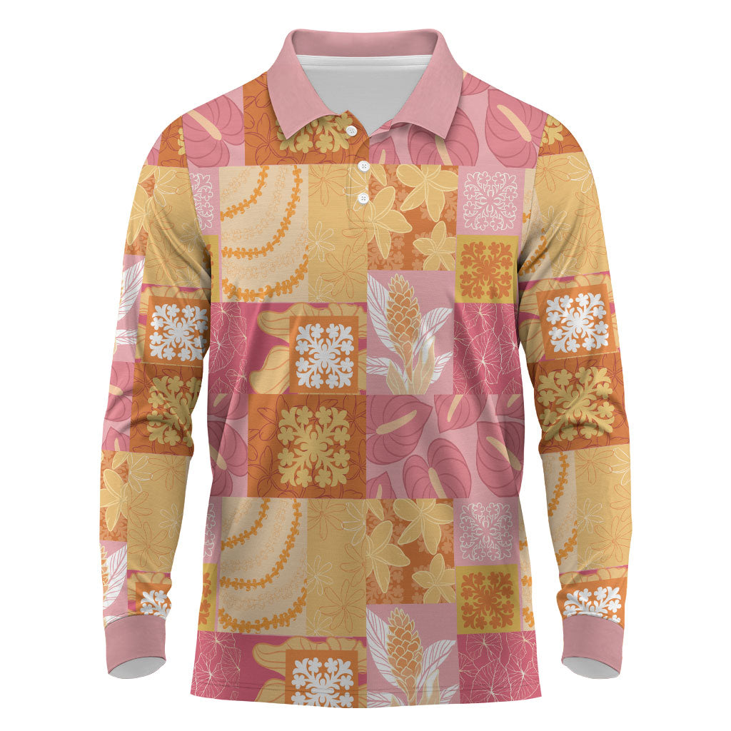 Aloha Hawaii Quilt Floral Patchwork Style Long Sleeve Polo Shirt LT14 Multicolor - Polynesian Pride