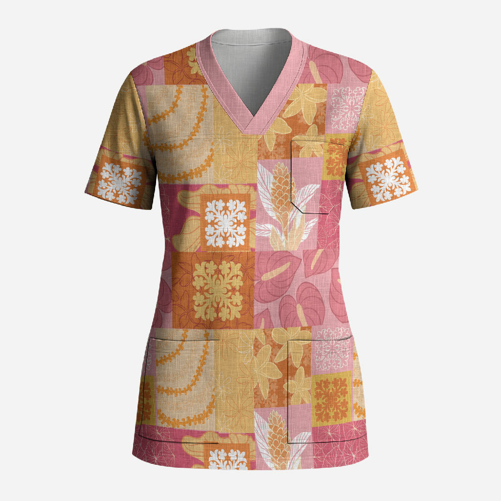 Aloha Hawaii Quilt Floral Patchwork Style Scrub Top LT14 Adult Multicolor - Polynesian Pride