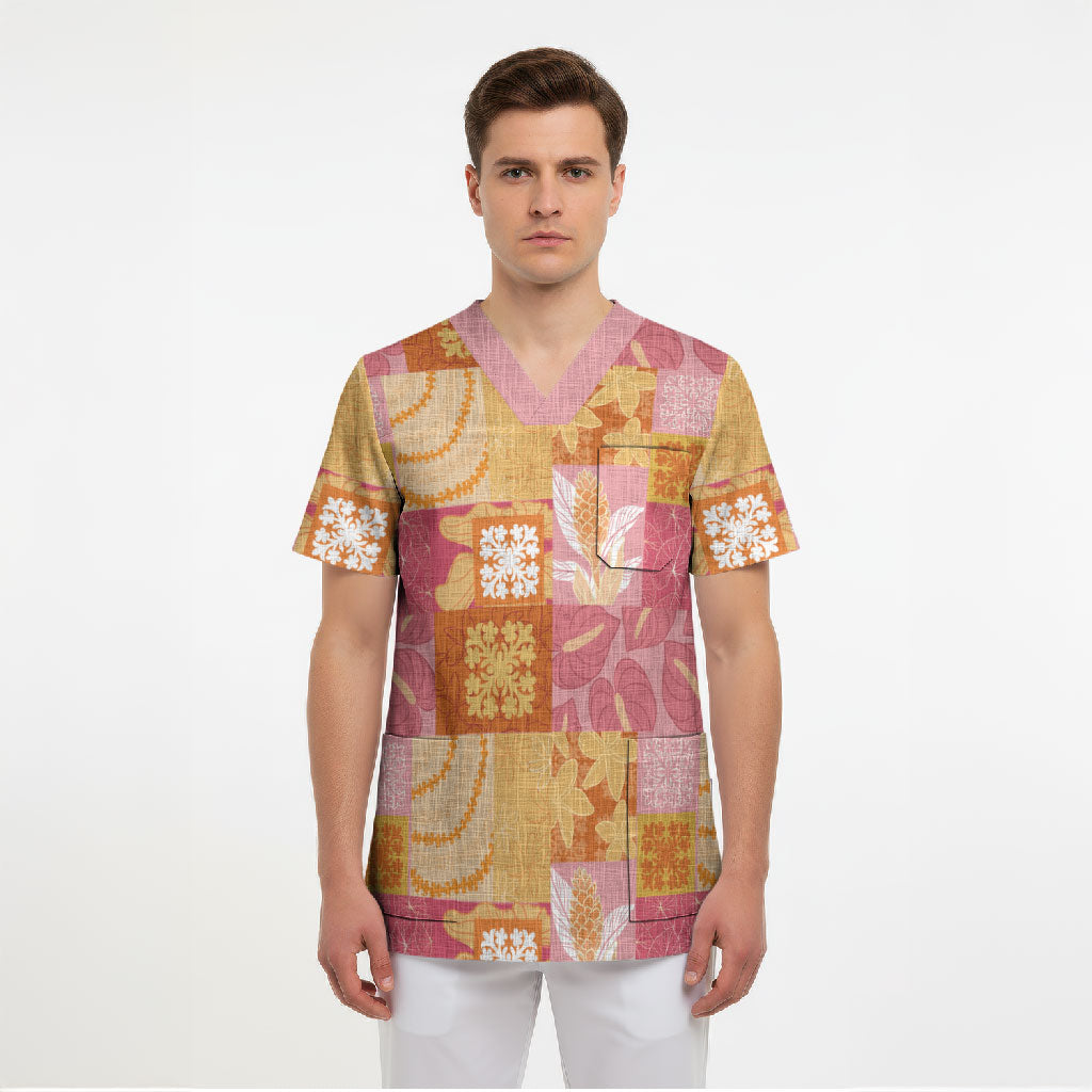 Aloha Hawaii Quilt Floral Patchwork Style Scrub Top LT14 - Polynesian Pride
