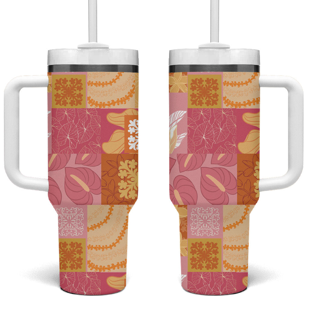 Aloha Hawaii Quilt Floral Patchwork Style Tumbler With Handle LT14 One Size: 40 oz Multicolor - Polynesian Pride