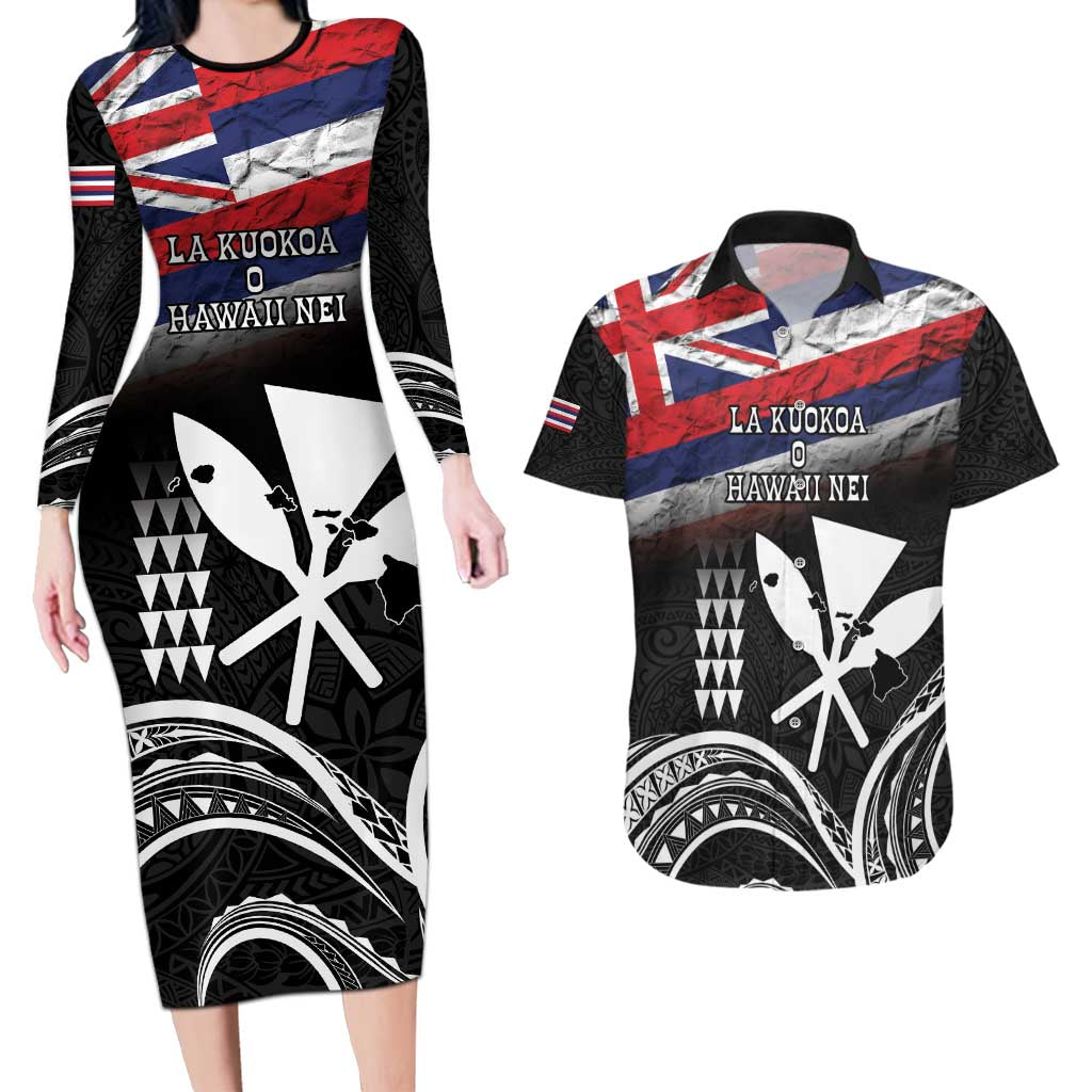 Hawaii Independence Day Couples Matching Long Sleeve Bodycon Dress and Hawaiian Shirt La Kuokoa - Happy 28th November LT14 Black - Polynesian Pride