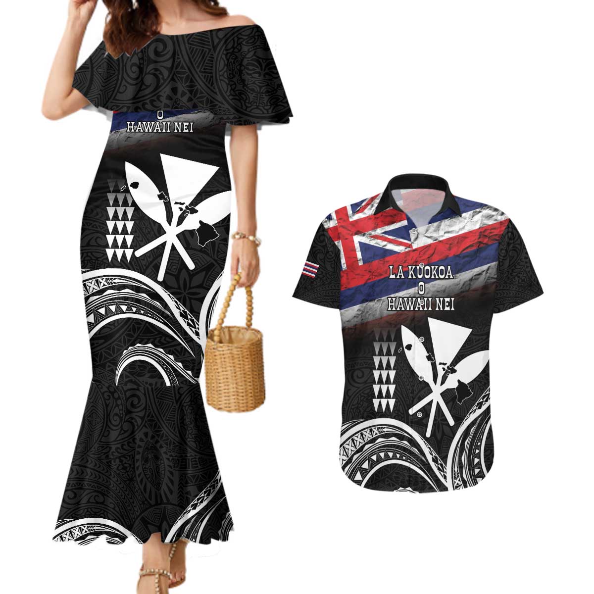 Hawaii Independence Day Couples Matching Mermaid Dress and Hawaiian Shirt La Kuokoa - Happy 28th November LT14 Black - Polynesian Pride