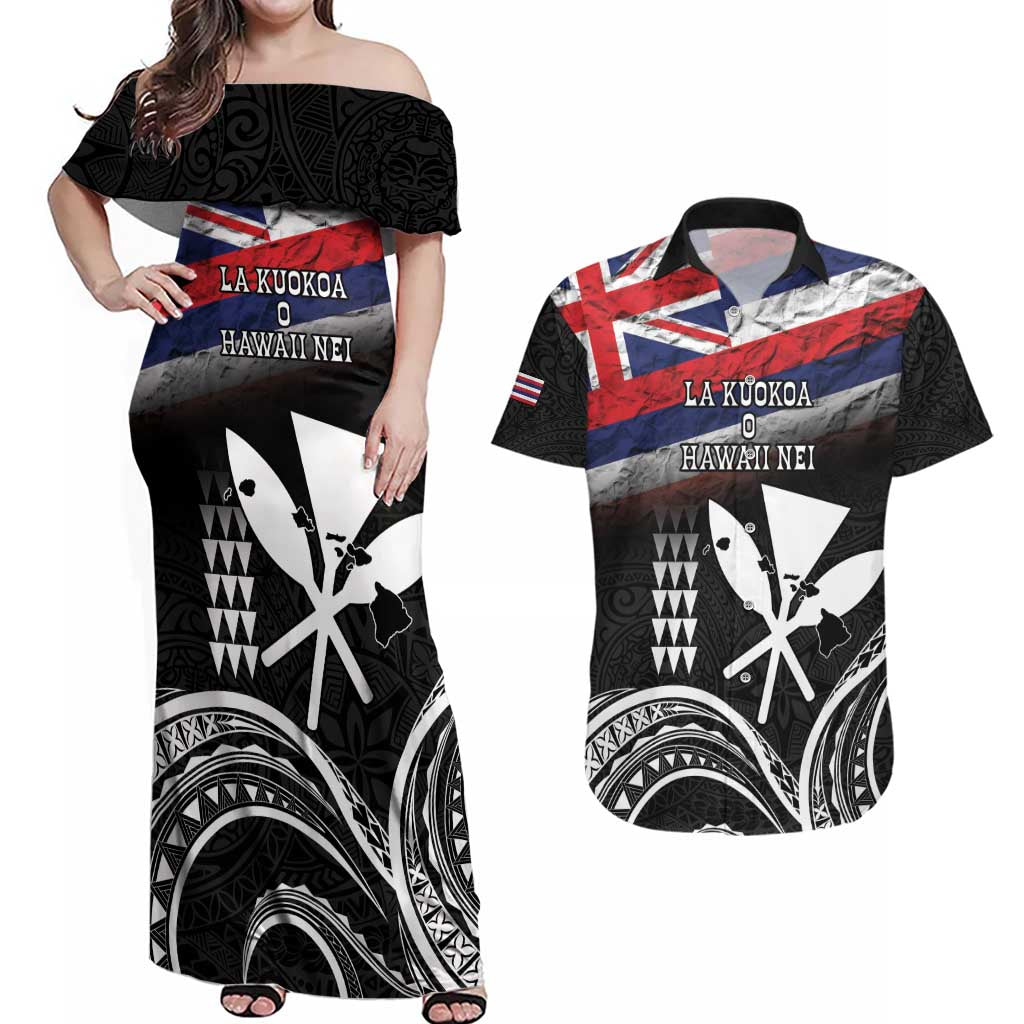 Hawaii Independence Day Couples Matching Off Shoulder Maxi Dress and Hawaiian Shirt La Kuokoa - Happy 28th November LT14 Black - Polynesian Pride