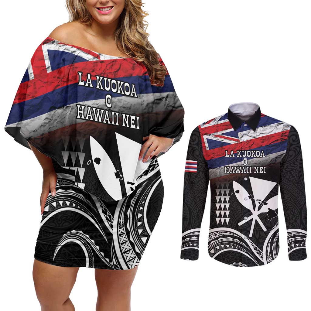 Hawaii Independence Day Couples Matching Off Shoulder Short Dress and Long Sleeve Button Shirt La Kuokoa - Happy 28th November LT14 Black - Polynesian Pride