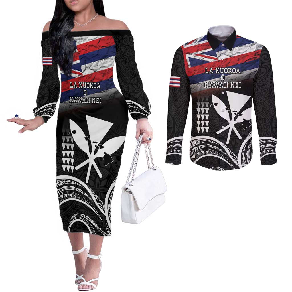 Hawaii Independence Day Couples Matching Off The Shoulder Long Sleeve Dress and Long Sleeve Button Shirt La Kuokoa - Happy 28th November LT14 Black - Polynesian Pride
