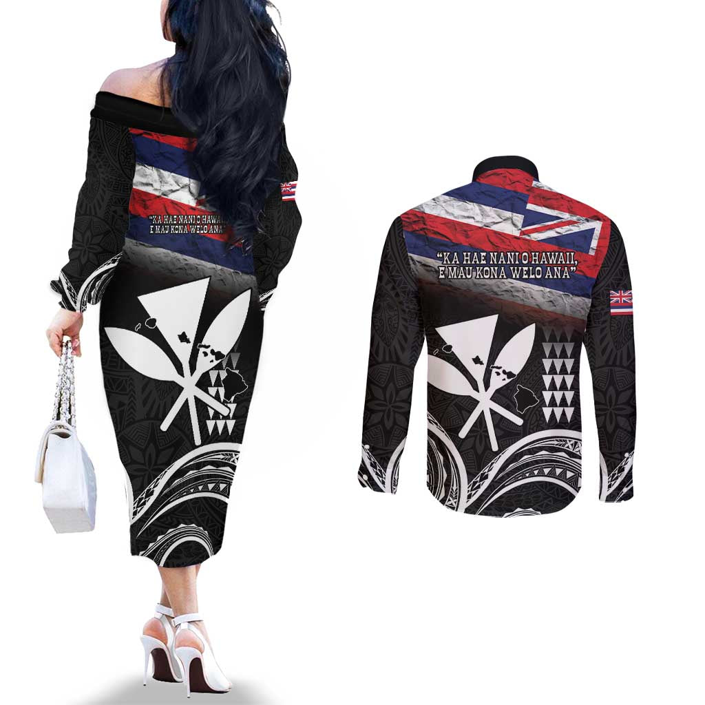 Hawaii Independence Day Couples Matching Off The Shoulder Long Sleeve Dress and Long Sleeve Button Shirt La Kuokoa - Happy 28th November LT14 - Polynesian Pride