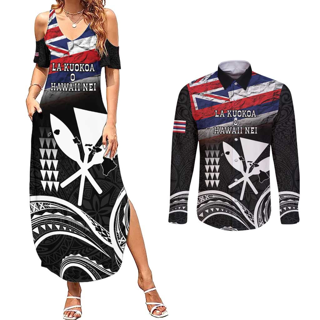 Hawaii Independence Day Couples Matching Summer Maxi Dress and Long Sleeve Button Shirt La Kuokoa - Happy 28th November LT14 Black - Polynesian Pride