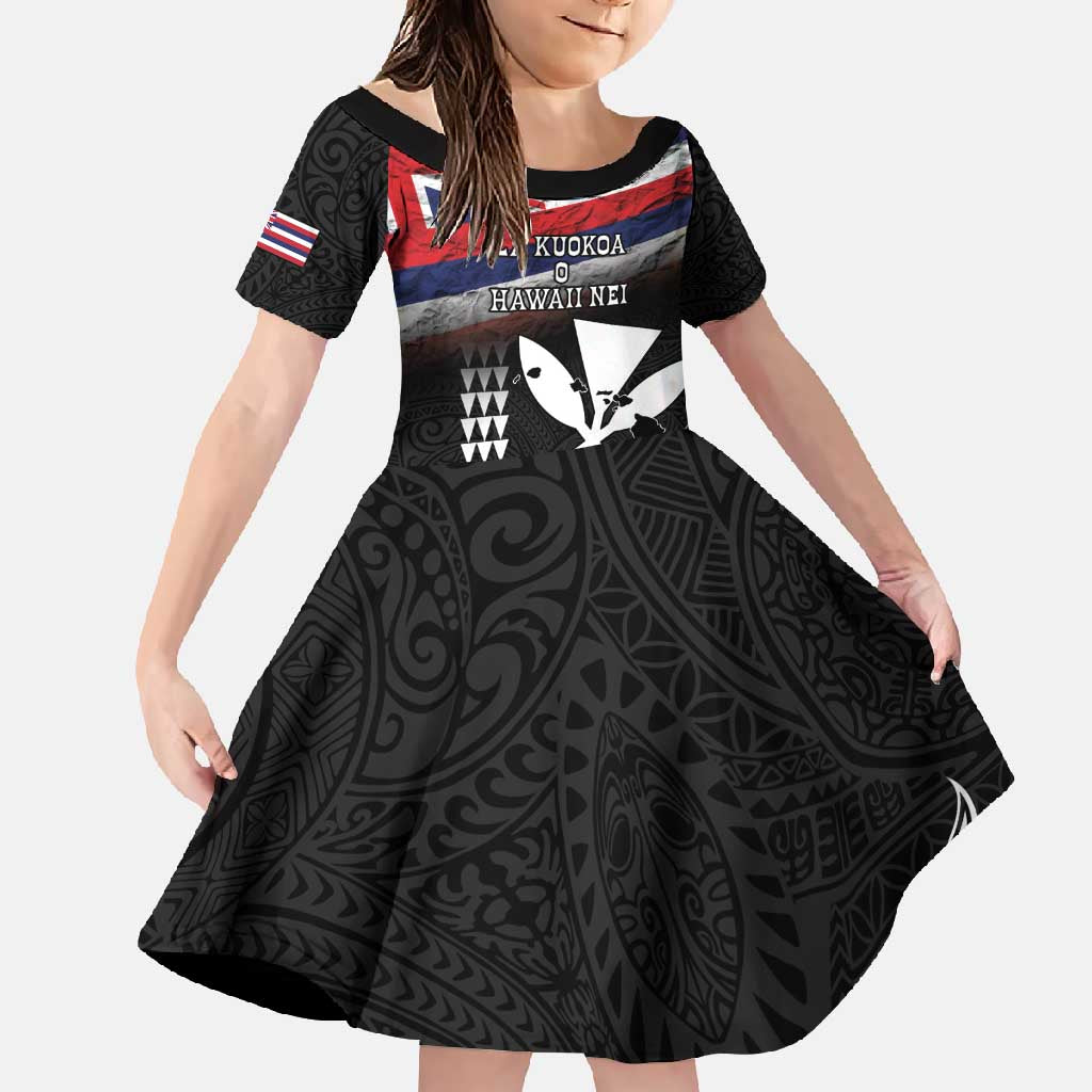 Hawaii Independence Day Family Matching Long Sleeve Bodycon Dress and Hawaiian Shirt La Kuokoa - Happy 28th November LT14 Daughter's Dress Black - Polynesian Pride