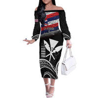 Hawaii Independence Day Family Matching Off The Shoulder Long Sleeve Dress and Hawaiian Shirt La Kuokoa - Happy 28th November LT14 Mom's Dress Black - Polynesian Pride