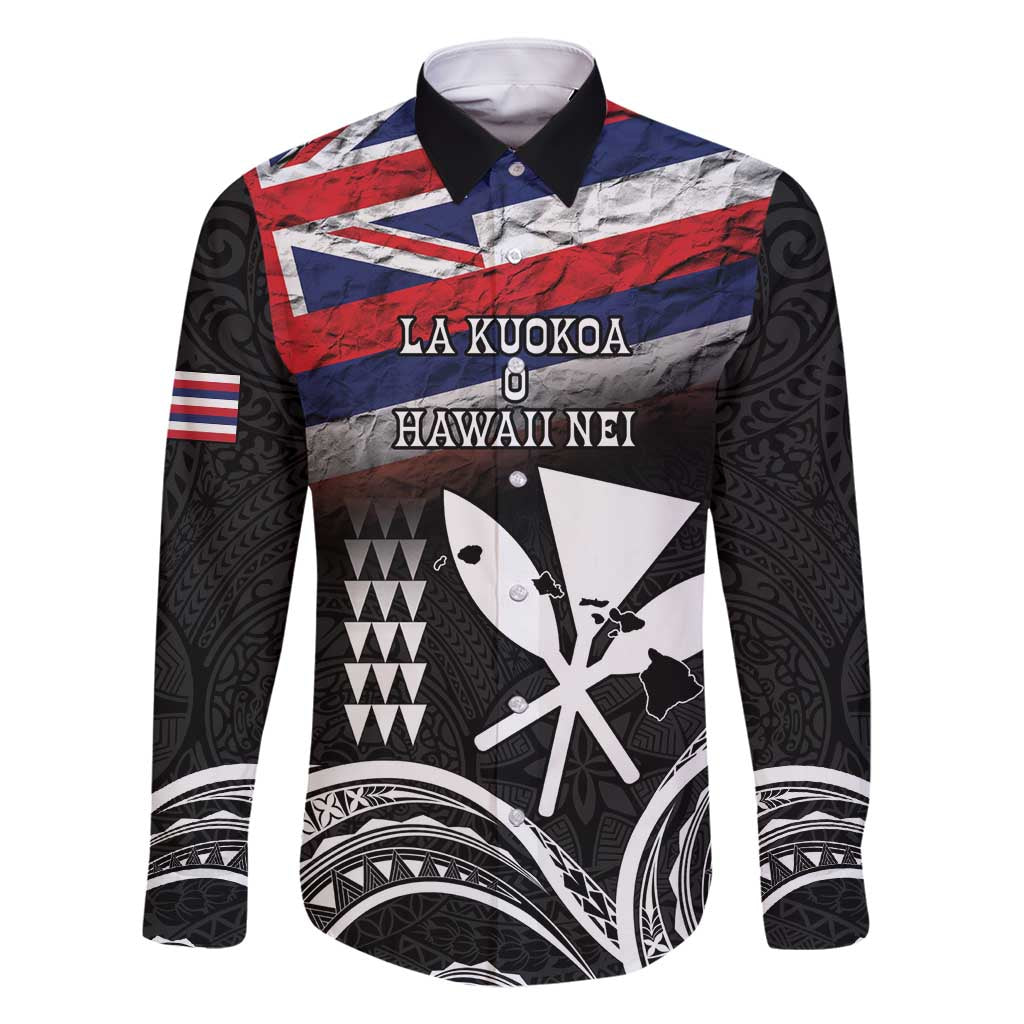 Hawaii Independence Day Family Matching Summer Maxi Dress and Hawaiian Shirt La Kuokoa - Happy 28th November LT14 Dad's Shirt - Long Sleeve Black - Polynesian Pride