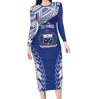 Toa Samoa Rugby Custom Family Matching Long Sleeve Bodycon Dress and Hawaiian Shirt Go Champions Pacific Samoan Pattern LT14 Mom's Dress Blue - Polynesian Pride